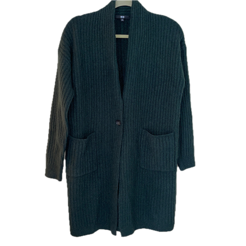 Uniqlo Women XS Sweater Long Cardigan Green Ribbed Wool 2 Pockets Button Up